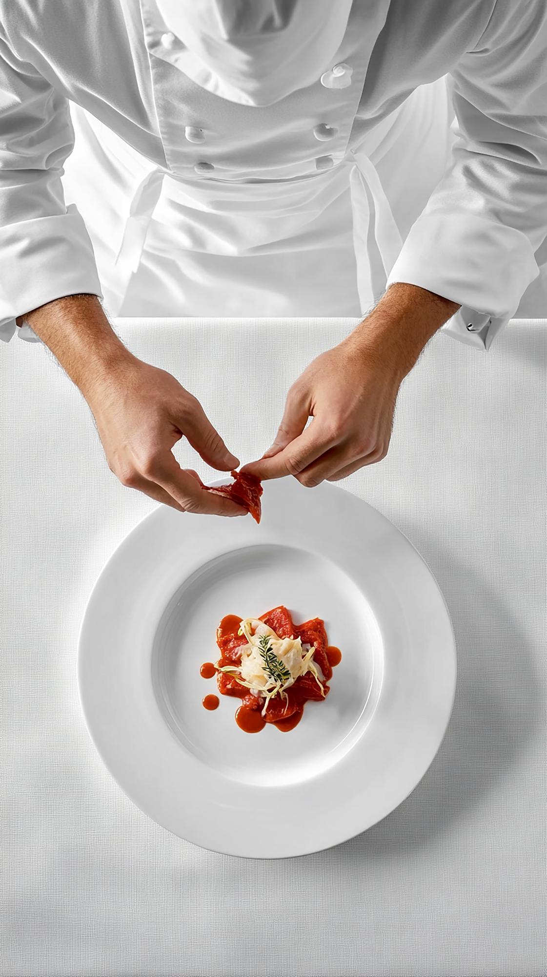 Chef hands plating in studio