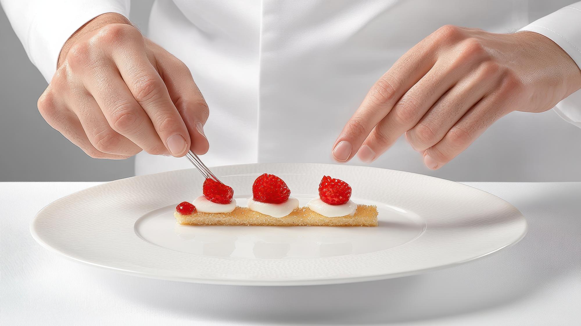 Portrait - pastry chef arranging dessert